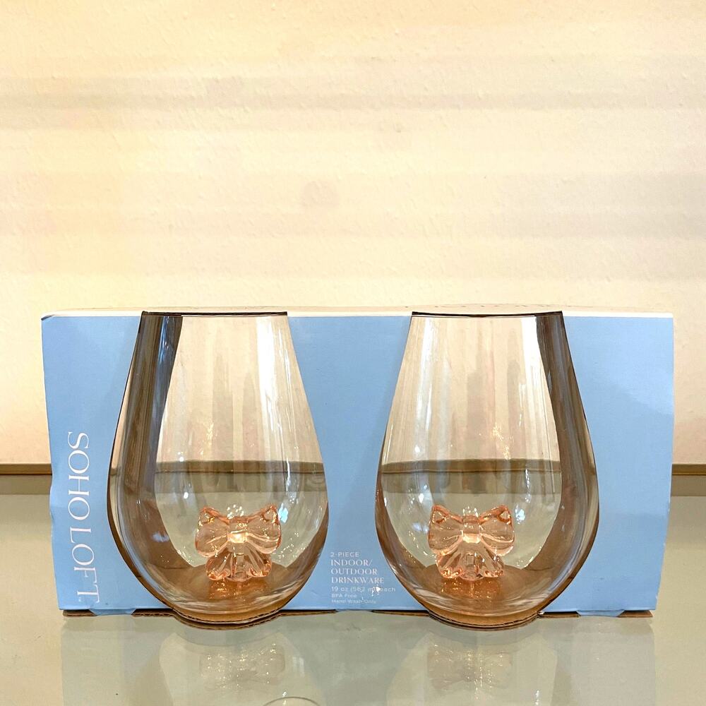 Pink Bow Coquette Acrylic Stemless Wine Glasses 19oz Set of 2 Soho Loft New - Picture 10 of 10